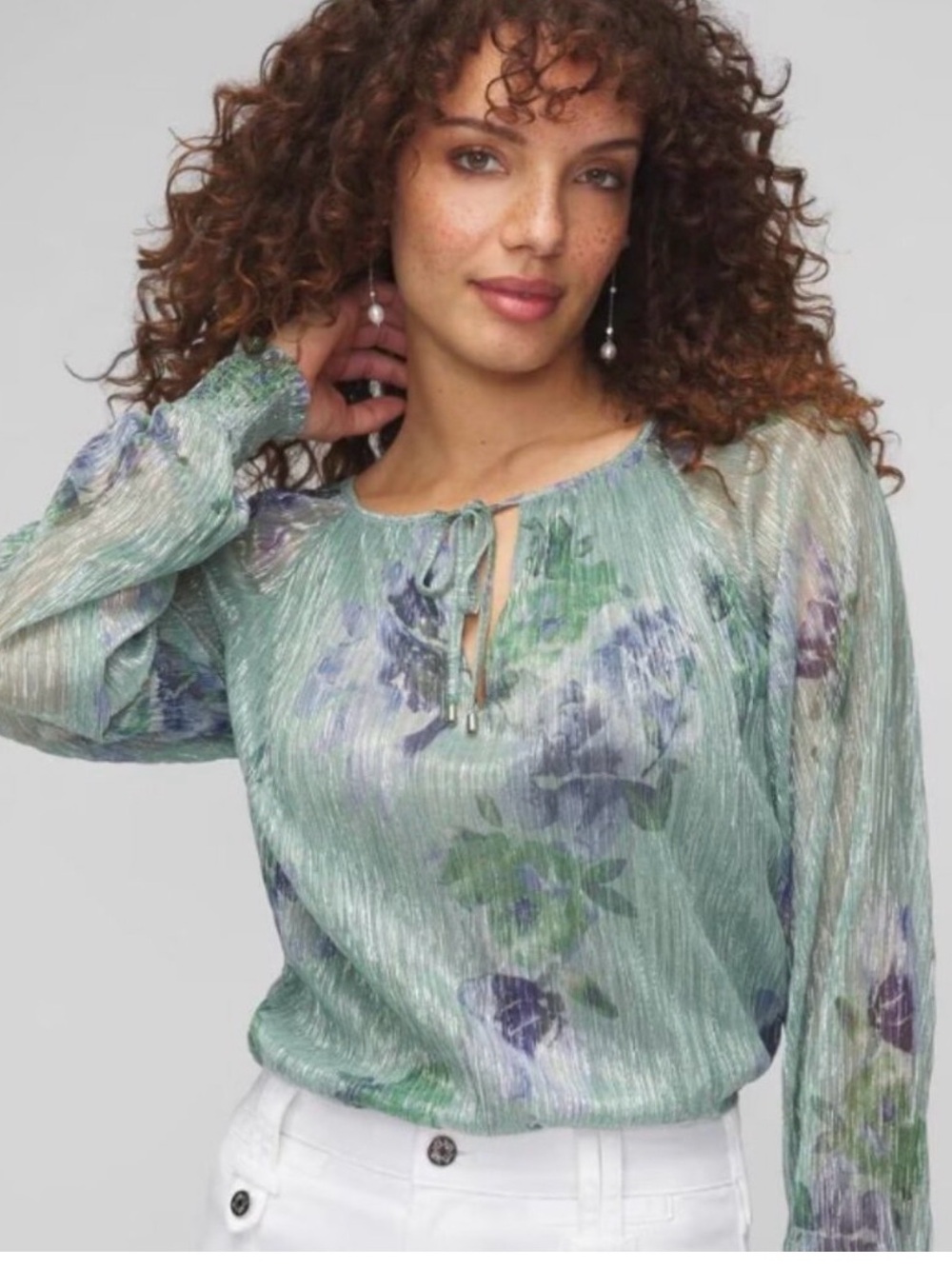 White House Black Market Mint Green Floral Tie-Neck Blouse